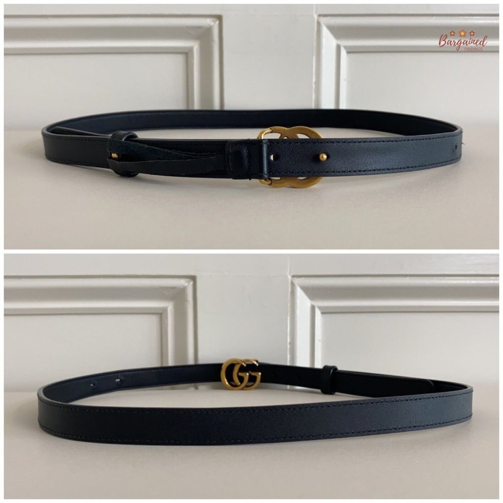 Authentic Gucci Black Smooth Leather Slim Signature Double G Buckle Belt 85/34 - Picture 6 of 13